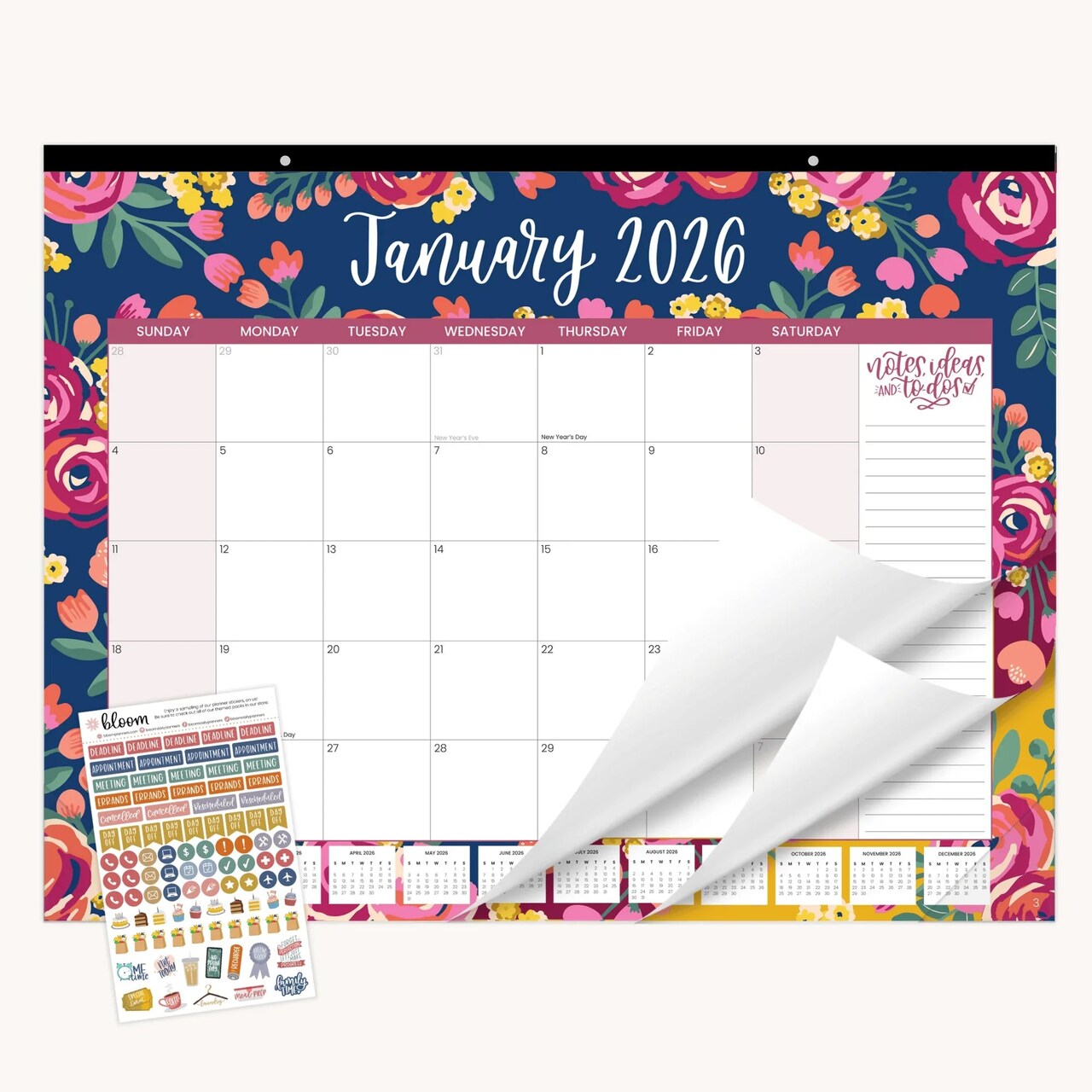 bloom daily planners 2026 Desk & Wall Calendar, 16" x 21", Vintage Floral